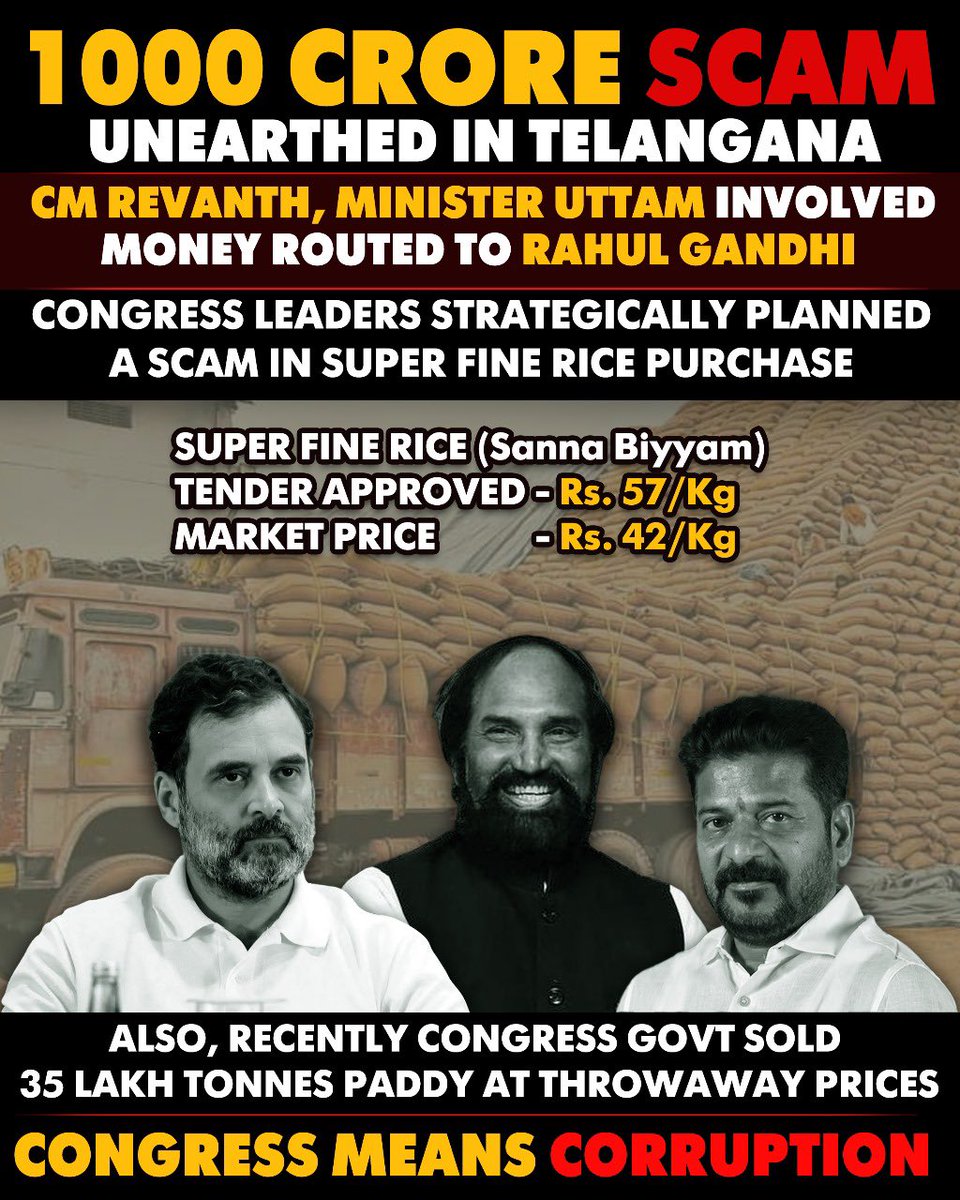Rs. 1000 crore scam unearthed in Telangana. All the tainted money routed to Rahul Gandhi? CM Revanth and Minister Uttam tight lipped on allegations. CONGRESS MEANS CORRUPTION!