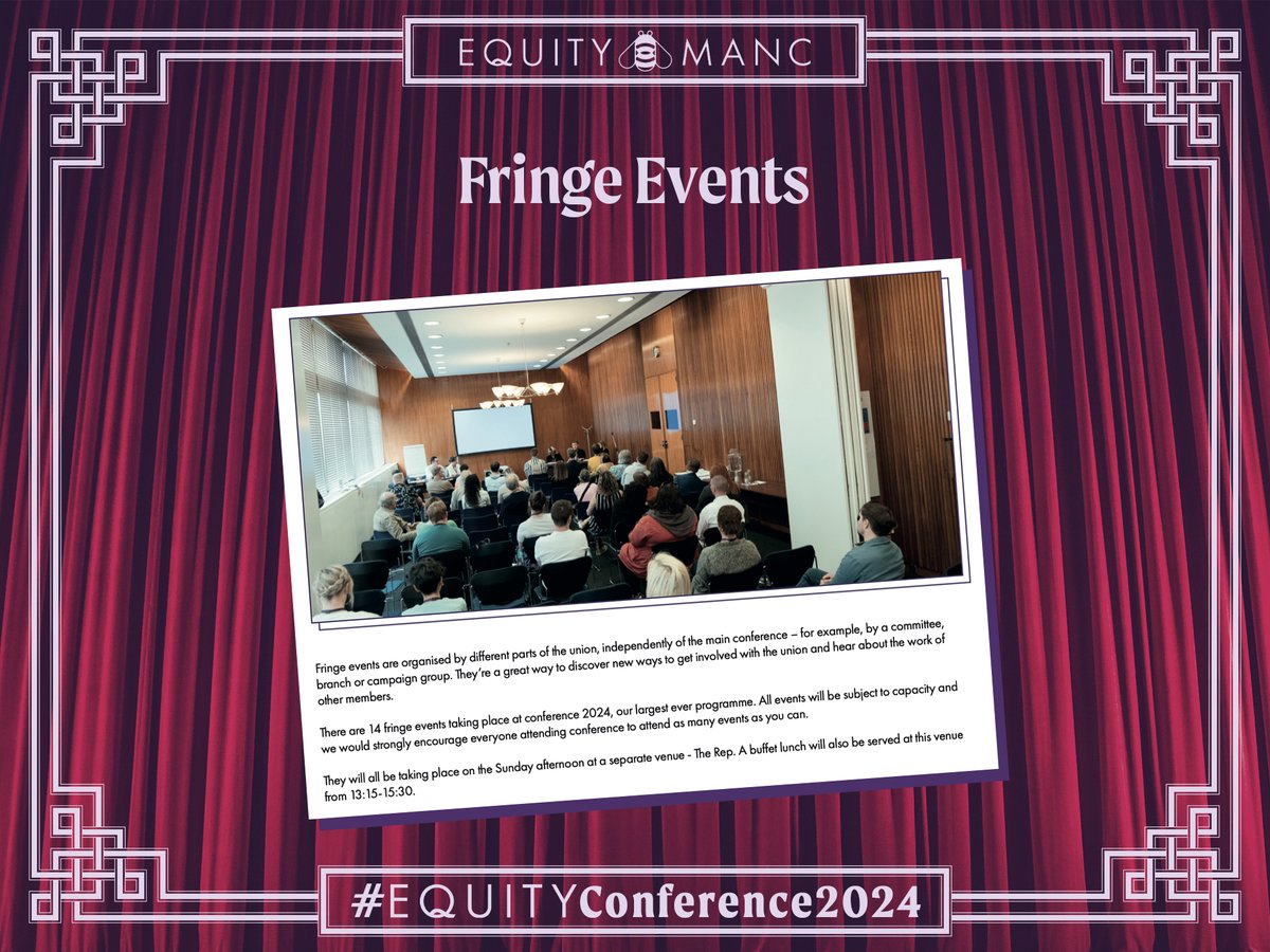 One of the best bits of the @EquityUK Conference every year are the Fringe Events.
This year there are 14 happening but as we've got 𝟴 𝗕𝗿𝗮𝗻𝗰𝗵 𝗠𝗲𝗺𝗯𝗲𝗿𝘀 here(!) we've made sure at least one of us in each one so we can report back to our members.
#EquityConference2024