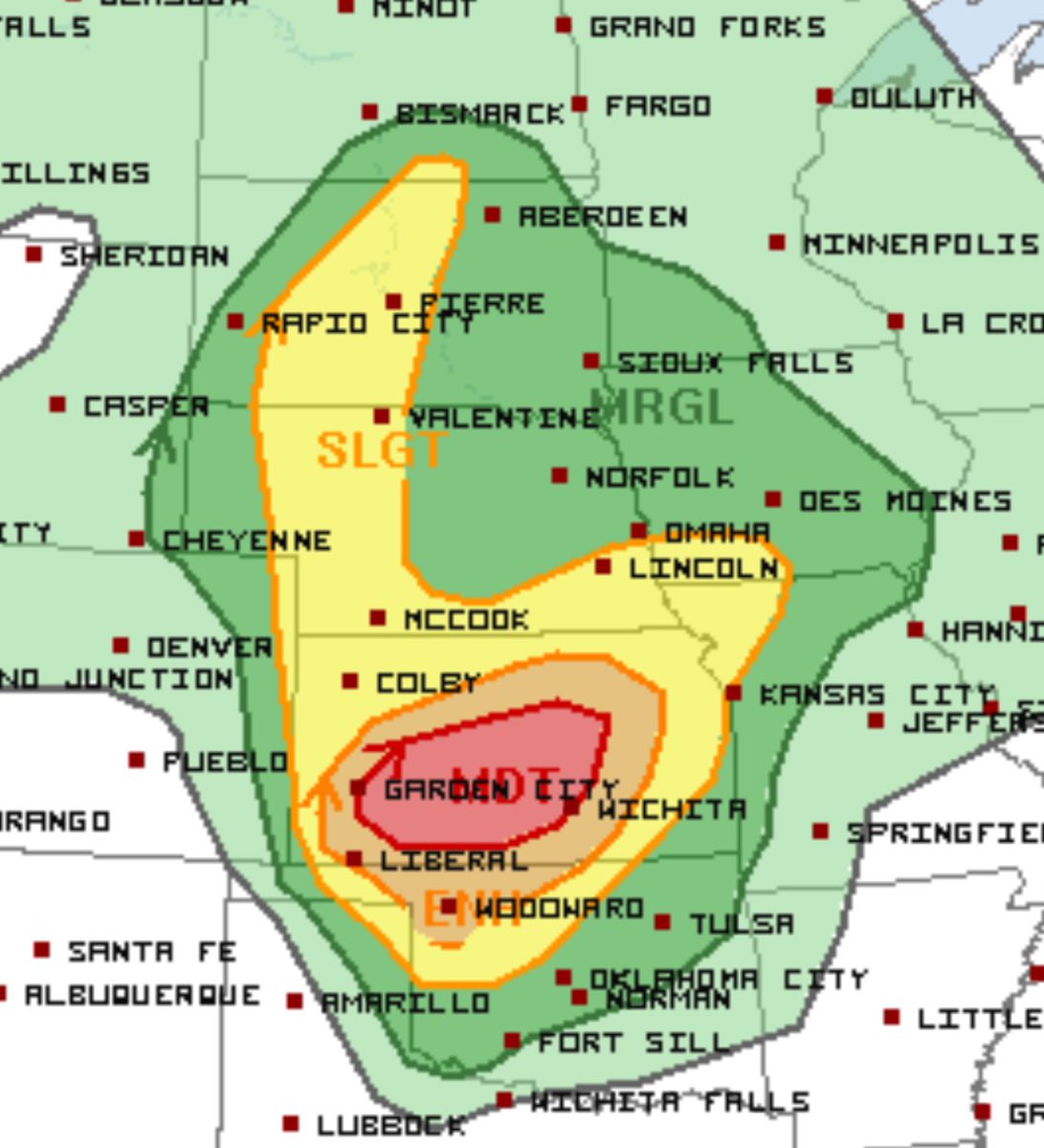 MODERATE RISK including a threat of strong tornadoes for parts of western into central Kansas this late afternoon and evening! Dominator 3 full #tornado intercept mode will be activated. Stay tuned to watches/warnings. Buckle up