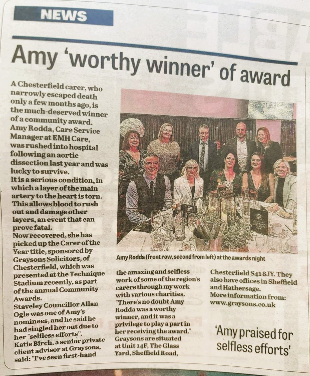 Continuing our series: What can #AorticDissection patients do? After a Type A dissection in 2023, Amy Rodda returned to work as a Care Services Manager for adults with learning disabilities. Now she has been named 'Carer of the Year' in the local community awards 🩷 @politicalko