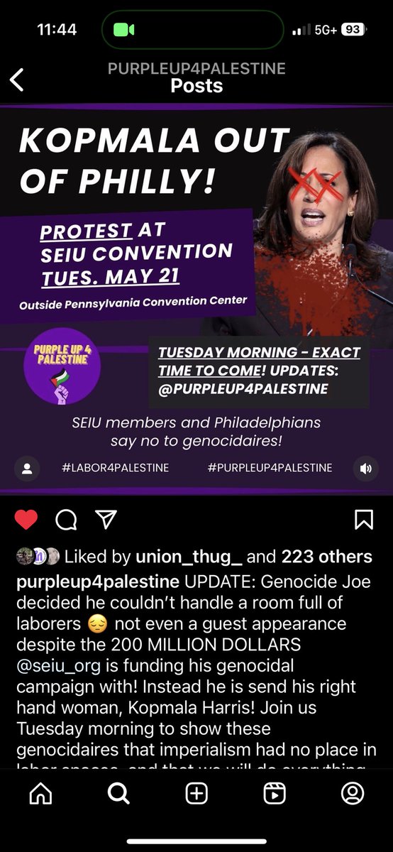 Copmala is speaking at the SEIU intl. convention…Who’s in Philly and can come out on Tuesday, May 21? SEIU MEMBERS AND PHILADELPHIANS SAY NO TO GENOCIDAIRES!! #purpleup4palestine
#internationalsolidarity