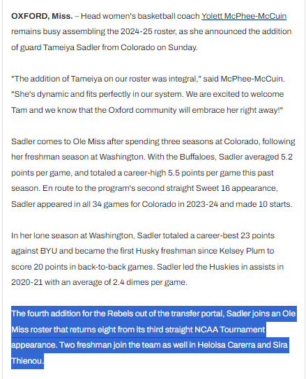 Ole Miss WBB announces the addition of Colorado grad transfer Tameiya Sadler (5-8 SR point guard, Vallejo, CA), their 4th portal pickup (along with Christeen Iwuala, Starr Jacobs, and DeeDee Hagemann); with 8 returnees and 2 freshmen, 1 spot remains olemisssports.com/news/2024/5/19…