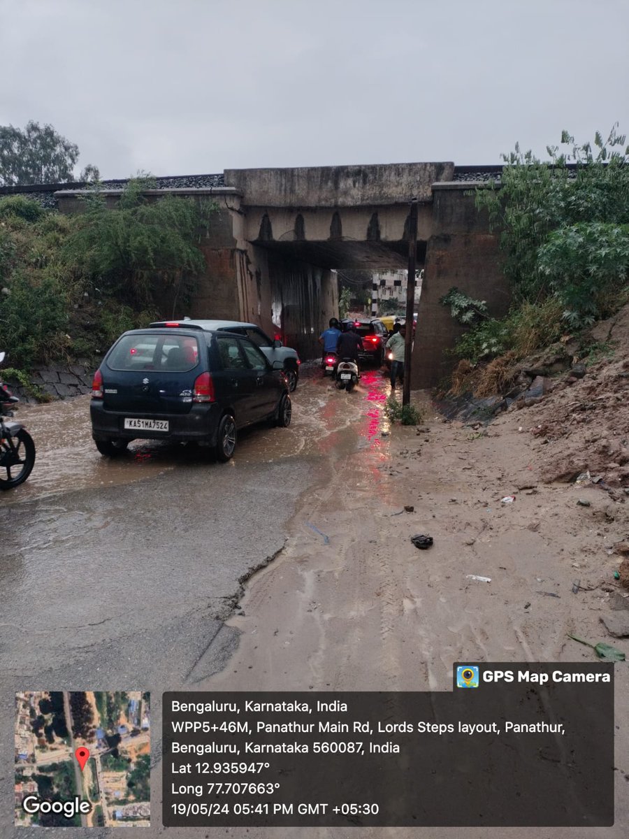 'Traffic Advisory ' Slow moving traffic due to rain in and around 🔺Whitefield area, 🔺Varthur 🔺Gunjur road. 🔺Water logging at panathur RUB. Kindly drive cautiously. 19.05.2024 Sunday