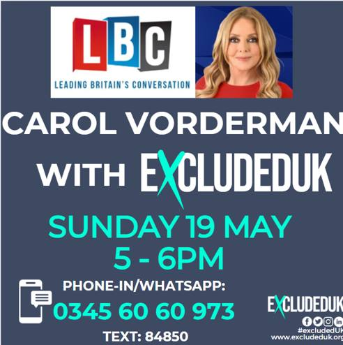 JulieHeadley6's tweet photo. Join #ExcludedUK and @carolvorders on @LBC from 5pm talking about the 3.8m UK taxpayers excl. from parity of Covid-19 financial support.
@RishiSunak has been invited to give his input by
@jenniferg2902, Head of ExcludedUK, but he has not responded yet.
@Zarasultana https://t.co/urcuDUlXus