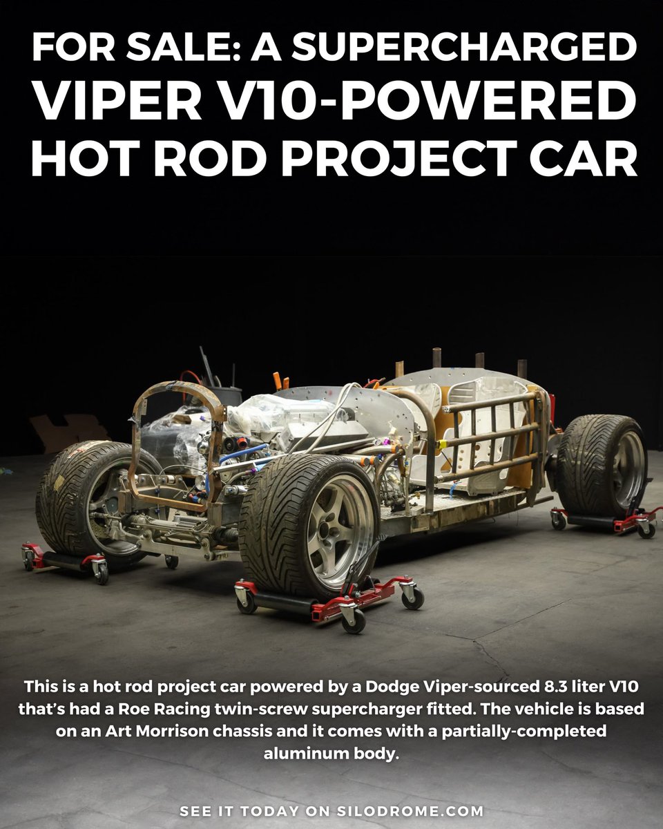 This is a hot rod project car powered by a Dodge Viper-sourced 8.3 liter V10 that’s had a Roe Racing twin-screw supercharger fitted. The vehicle is based on an Art Morrison chassis and it comes with a partially-completed aluminum body. Link: silodrome.com/dodge-viper-v1…