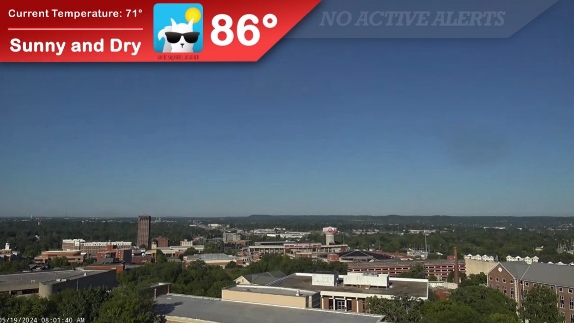 Sunshine finally returns to #WKU as we enter a much drier and warmer next several days! Temperatures will climb into the mid 80s this afternoon, with little-to-no cloud cover expected through the evening. Slap on some sunscreen and get out there to enjoy it before it’s gone! ☀️