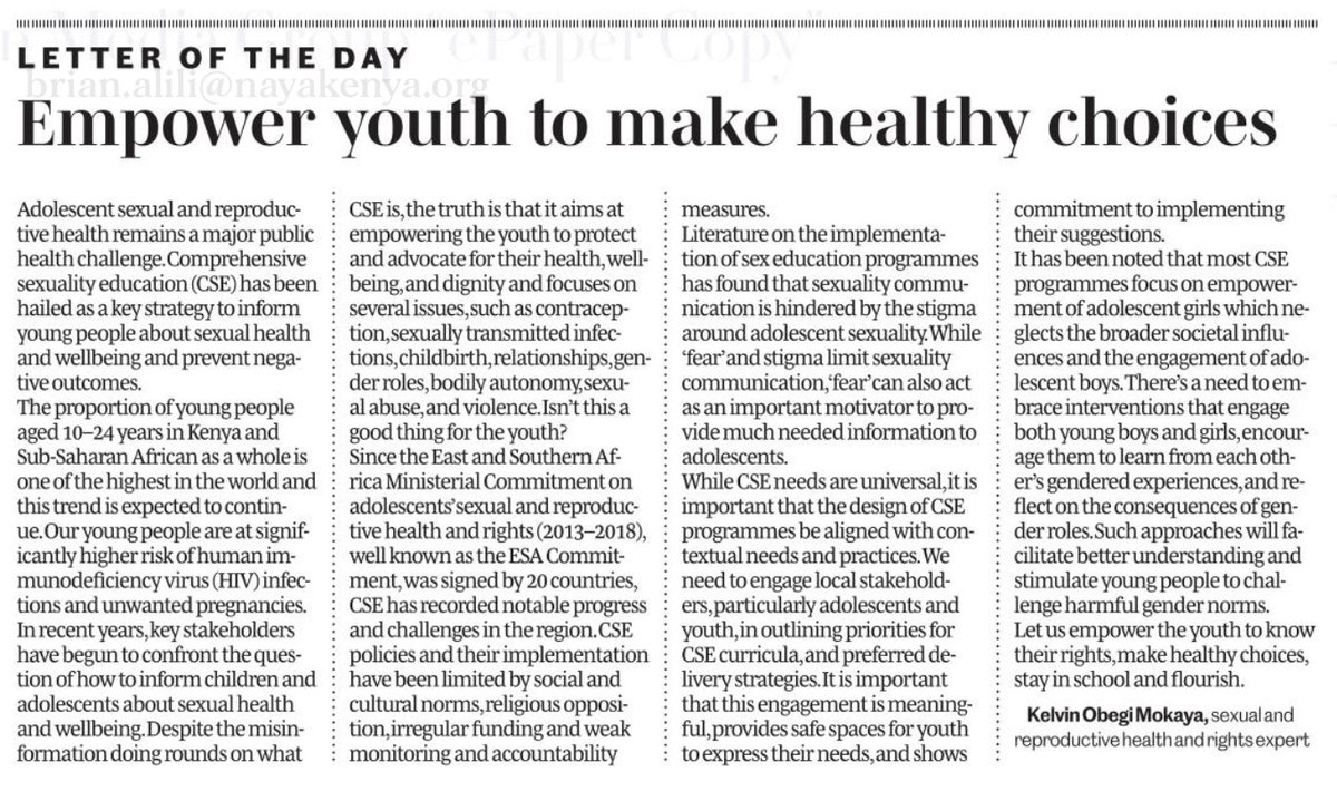 'While CSE needs are universal, it is important that the design of CSE programmes be aligned with contextual needs and practices. We need to engage adolescents and youth, in outlining priorities for CSE curricula, and preferred delivery strategies.' - Kelvin Mokaya #NAYAVoices