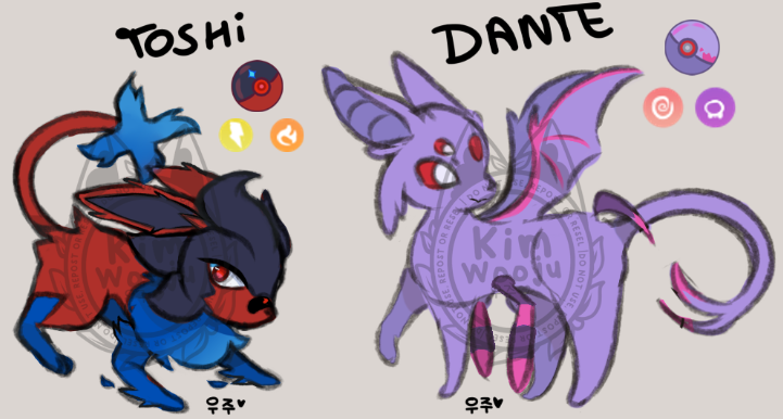 Talentos da Neobaka como Evees! (1/3)

Curiosidades: Dante foi inspirada em 3 pokémons diferentes e Toshi em 2. Dante está em sua forma aranha! (se quiserem eu mostro a diferença entre macho e fêmea da espécie)
#GURENARTES #DanteArtes