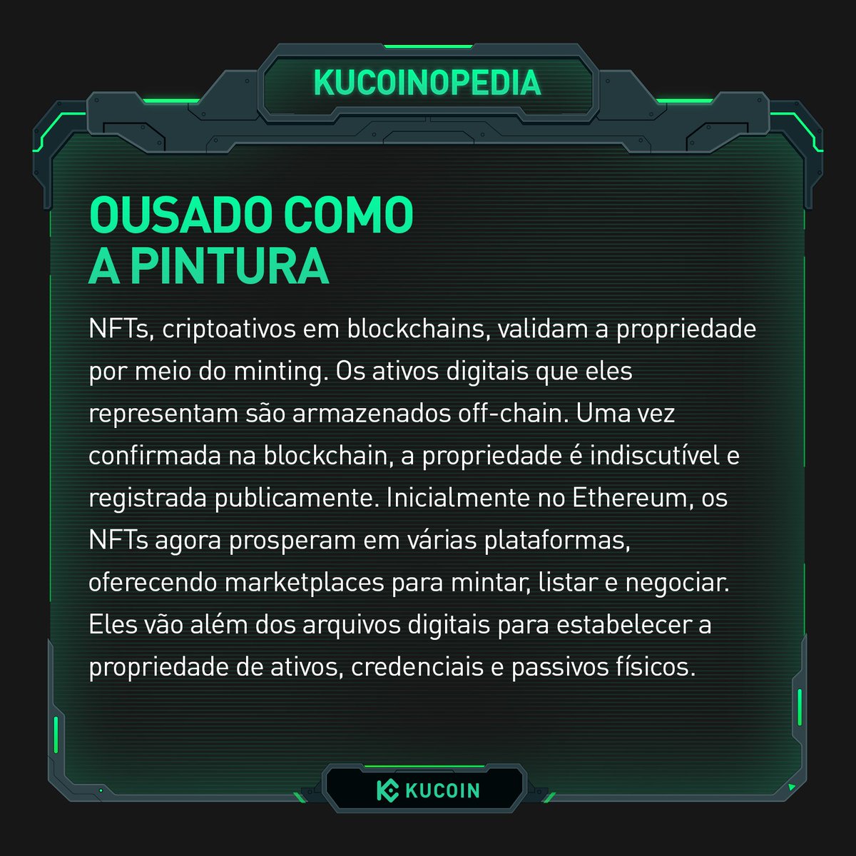 KuCoinPortugues's tweet photo. 📙 #KuCoinopedia: Mintando #NFTs
🎨 Da arte digital aos ativos físicos: siga estas etapas para escolher uma plataforma, fazer upload do seu ativo digital e estabelecer propriedade na blockchain com tokens não fungíveis! 💻🔗
👉 https://t.co/OwgiHs6Pn9
#KuCoinLearn
Não tem conta na #KuCoin? Registre-se aqui 👉https://t.co/fcJBfZNTay!