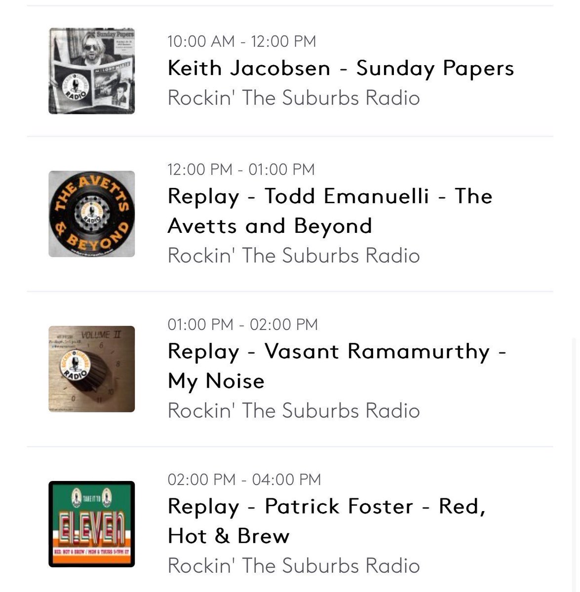 Rockin' the Suburbs Radio (@suburbsradio) on Twitter photo Today on Suburbs Radio:
10 AM: Sunday Papers w/ <a href="/keithjacobsen/">Keith Jacobsen</a>
Plus replays of our great shows from the last week.
Tune in at Suburbsradio.com or on our iOS app. Today on Suburbs Radio:
10 AM: Sunday Papers w/ <a href="/keithjacobsen/">Keith Jacobsen</a>
Plus replays of our great shows from the last week.
Tune in at Suburbsradio.com or on our iOS app.