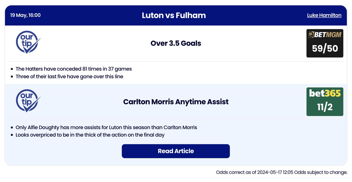 🤓 Tips & Insight: Luton vs. Fulham ❐ Over 3.5 goals ❐ Morris anytime assist #LUTFUL