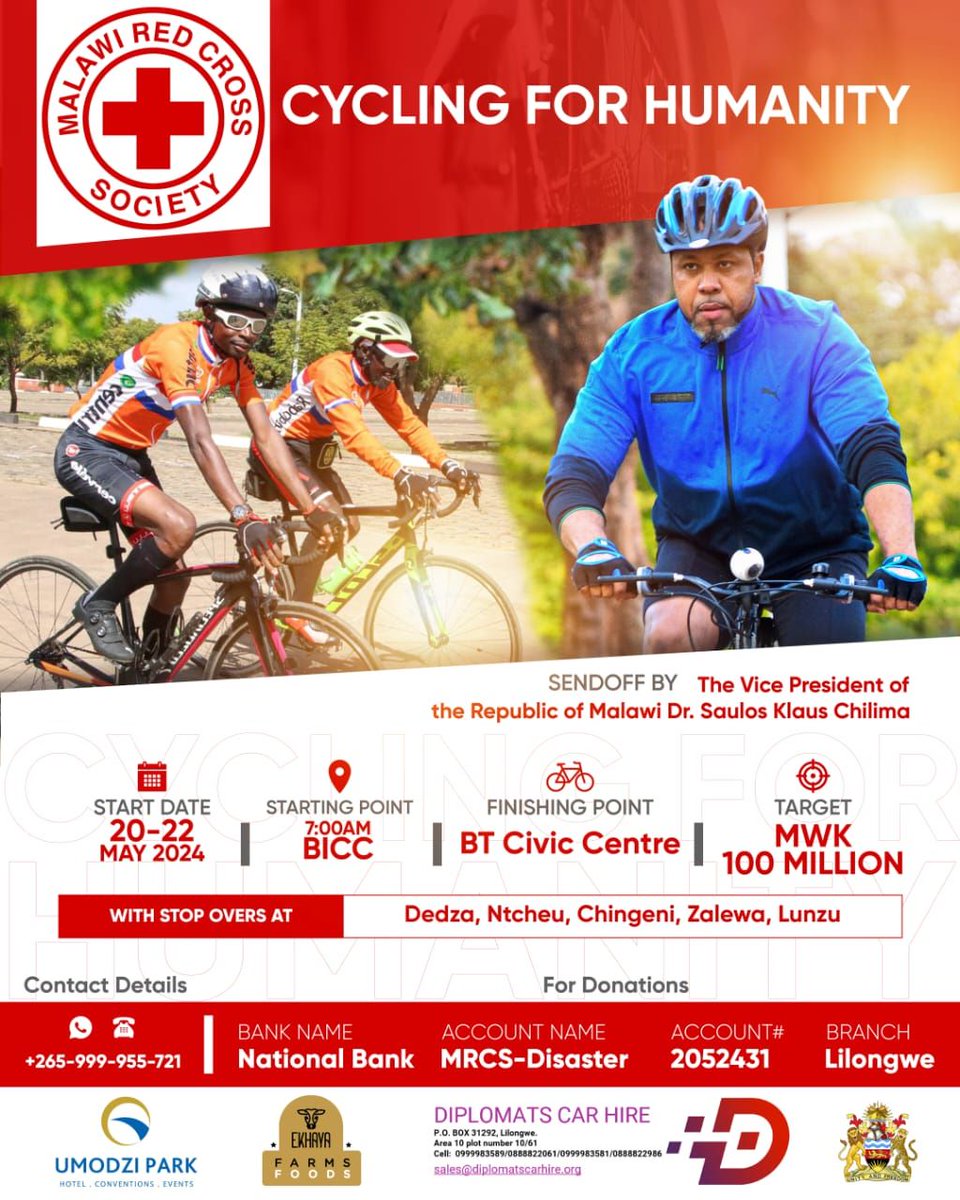Do you have a Bike? Do you know how to ride? Come on Monday 20th May at the Bingu International Convention Centre - BICC-  at 6:30am to support the <a href="/MalawiRedCross/">Malawi Red Cross Society</a> in Cycling for Humanity Fundraising Campaign led by the Vice President Right Honourable Dr. Saulos Klaus Chilima