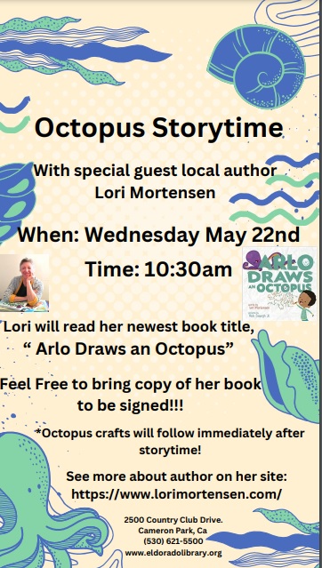 Hooray! It's Octopus Storytime @CamParkLibrary, Wed. May 22 at 10:30am where I'll be reading my picture book ARLO DRAWS AN OCTOPUS. Looking forward to reading and signing books for your little ones. #kidlit #k12 #librarians #parents #readtome #octopuses #storytime