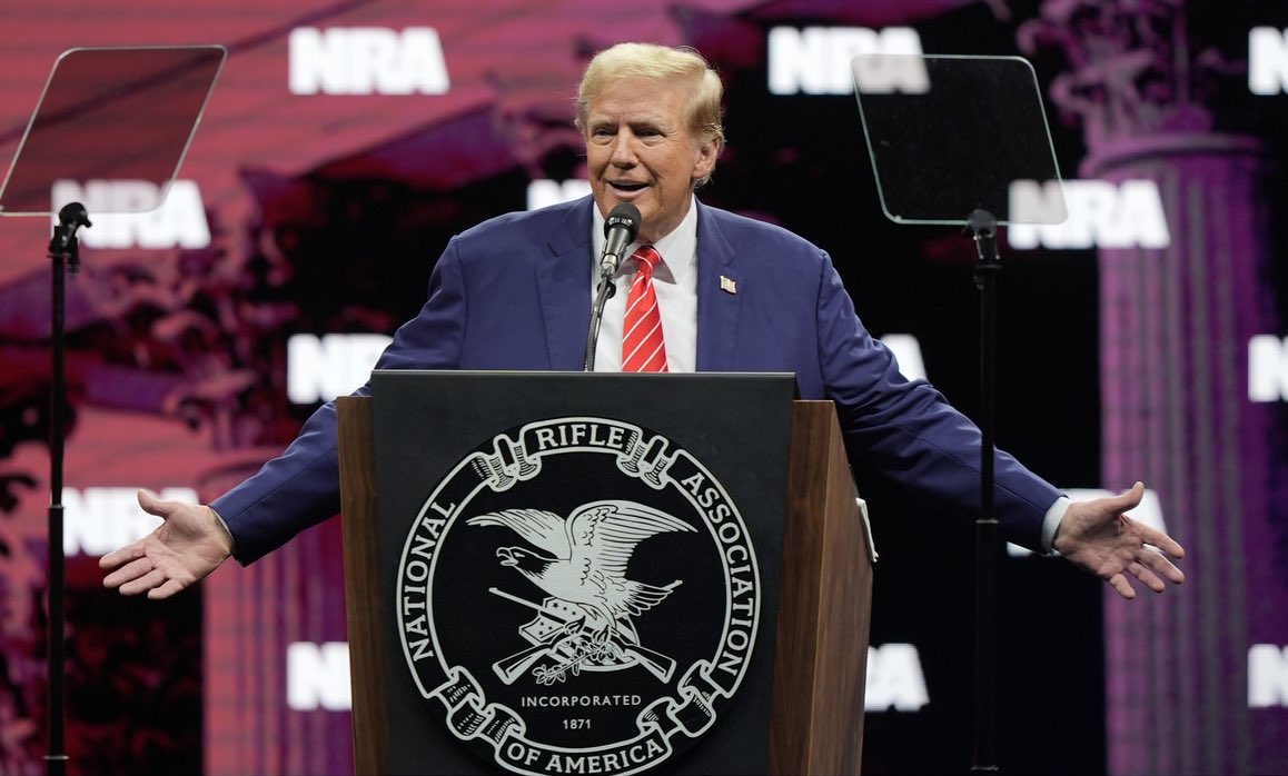 Awkward. Trump receives endorsement of National Rifle Association, and speaks at their convention in Dallas, however as an indicted felon federal law bans him from buying firearms or ammunition.