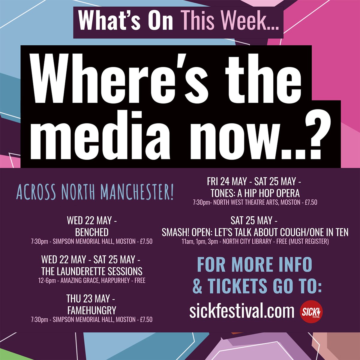 This week across North Manchester: audio experience ‘Let’s Talk About Cough/One In Ten’, the last Launderette Sessions and the stages at Simpson Memorial Hall & @nwtac2009 host hip-hop opera Tones, Famehungry, and Benched! For info & tickets/registering: sickfestival.com