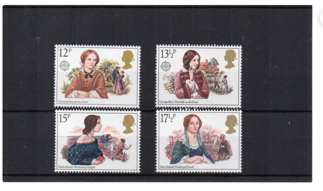 'English authors British vintage unused mint postage stamps set, 1980 Charlotte & Emily Brontë, George Eliot, Elizabeth Gaskell.' #Brontë #ElizabethGaskell #GeorgeEliot