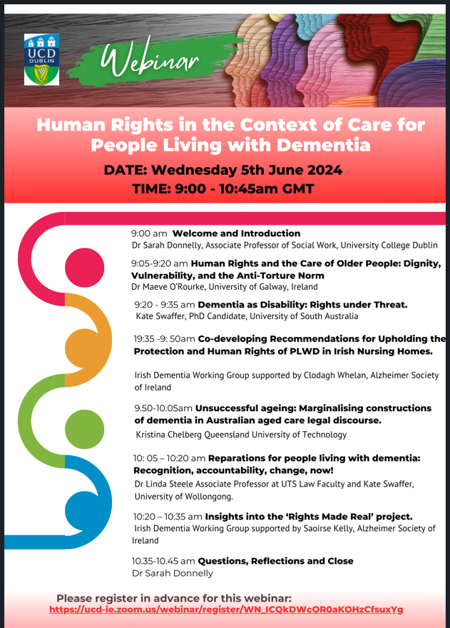 #SocialWorkPractice
#Freewebinar 
'Human Rights in the Context of Care for People Living with Dementia' 
5 June, 9AM @UCDSocialPWJ
Register: ucd-ie.zoom.us/webinar/regist… 
HT @sarahmdonnelly1