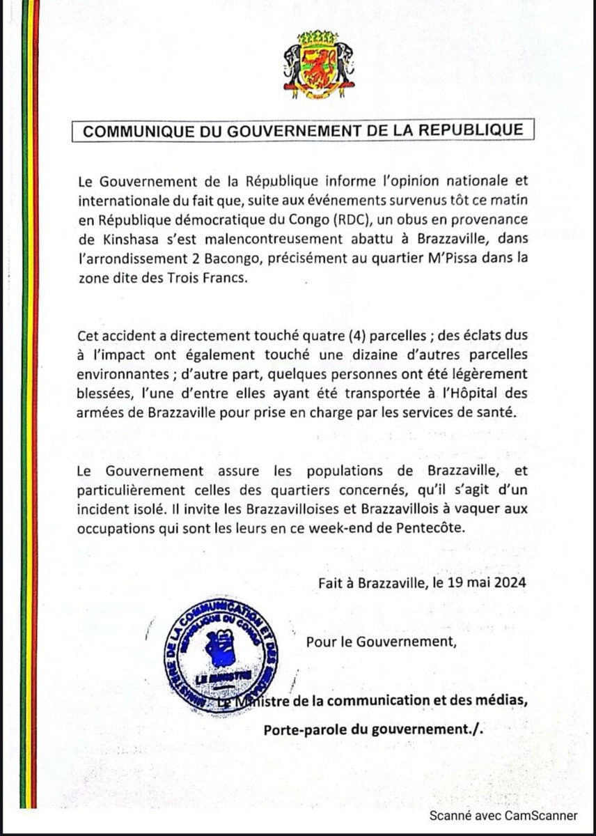 🇨🇬Communiqué du gouvernement suite à la chute d'un obus provenant de #kinsahsa (RDC) à #Bacongo #Brazzaville, suite aux événements qui survenus ce matin. #Chezmoiaucongo