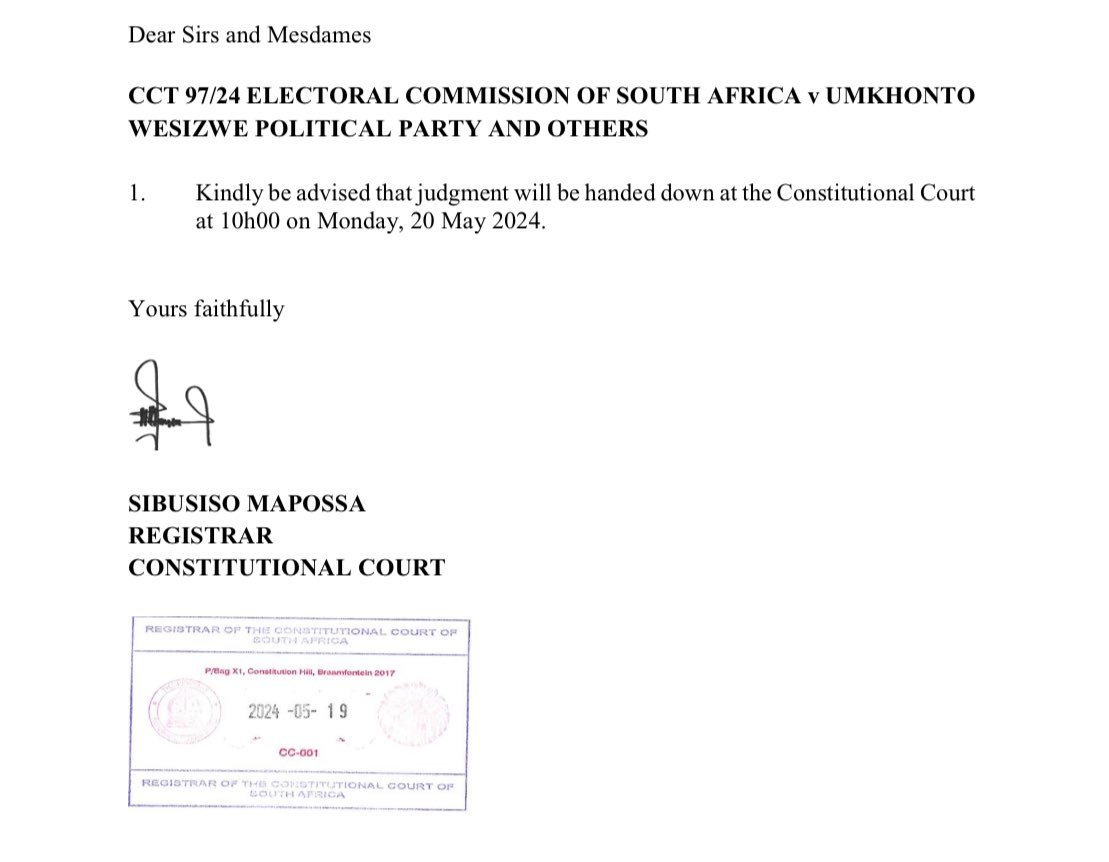 [JUST IN] The @ConCourtSA will tomorrow hand down judgment in the IEC v MK matter #sabcnews