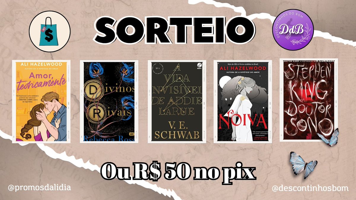 promosdalidia's tweet image. SORTEIO EM PARCERIA 💘

🏆 Prêmio: 
🏅 R$ 50 em livros da sua escolha ou pix 

⤵️ REGRAS:
→  Seguir @promosdalidia e @descontinhosbom
→ Dar RT nesse tweet (sem citar)
→ Comentar o prêmio desejado

📆 Resultado: 29/05