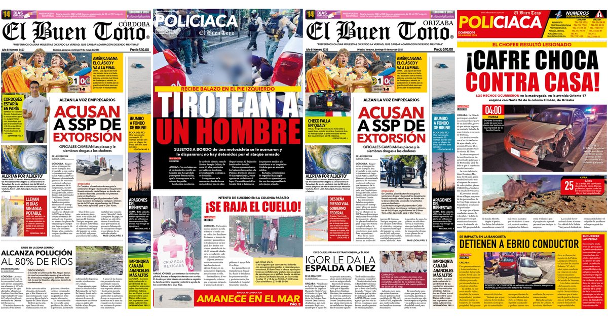 🌞🌻¡Buenos días! Compartimos con usted nuestras portadas del día de hoy domingo 19 de mayo del 2024
Para estar enterado de todo, adquiera nuestra edición impresa.
#ElBuenTono #Portadas #Córdoba #Orizaba #Policiaca #Regional 🌞🌻