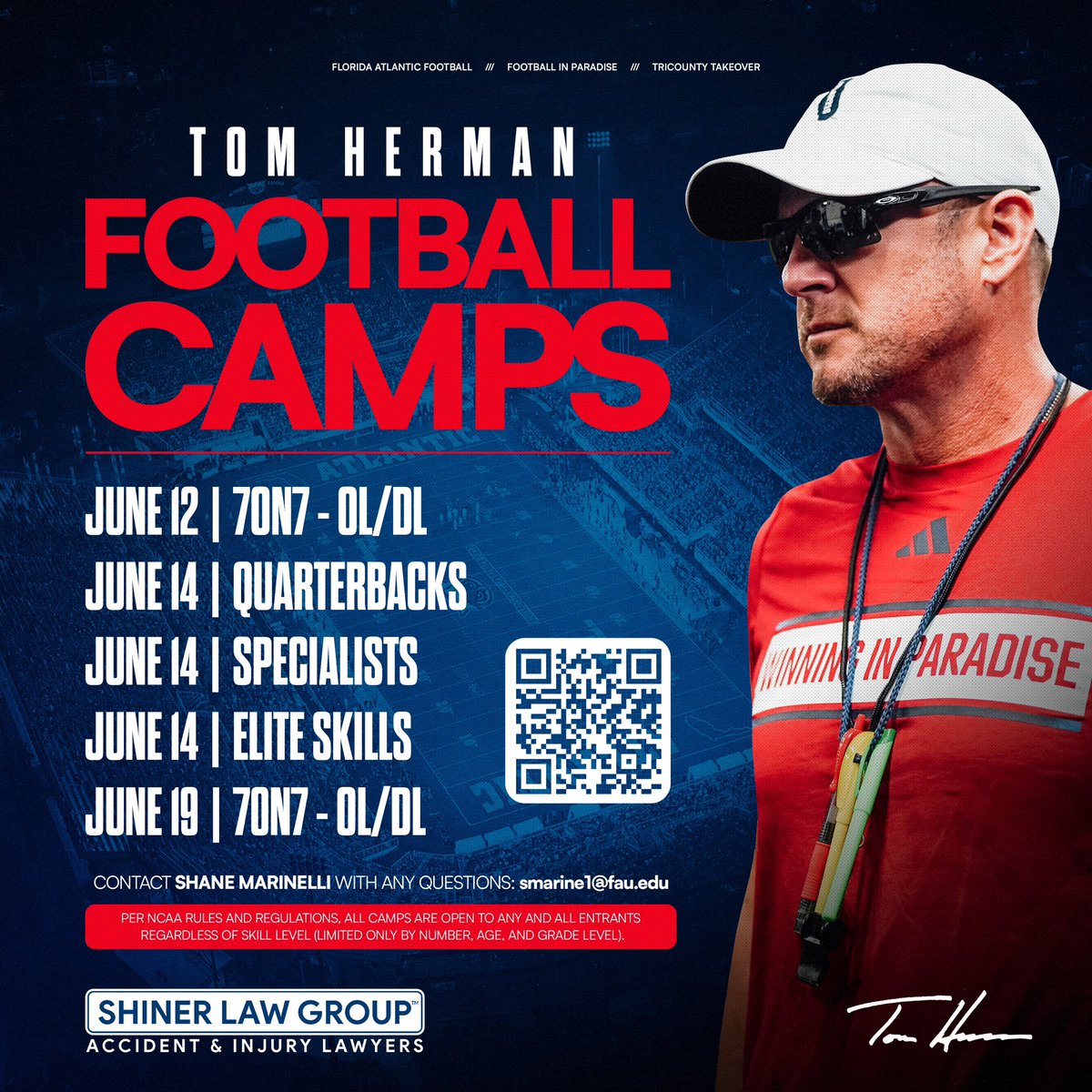 The Tom Herman Football Camps are right around the corner!🏈🏝️ For more information and to register, visit the camp website⬇️ tomhermanfootballcamps.com #TriCountyTakeover | @ShinerLawGroup