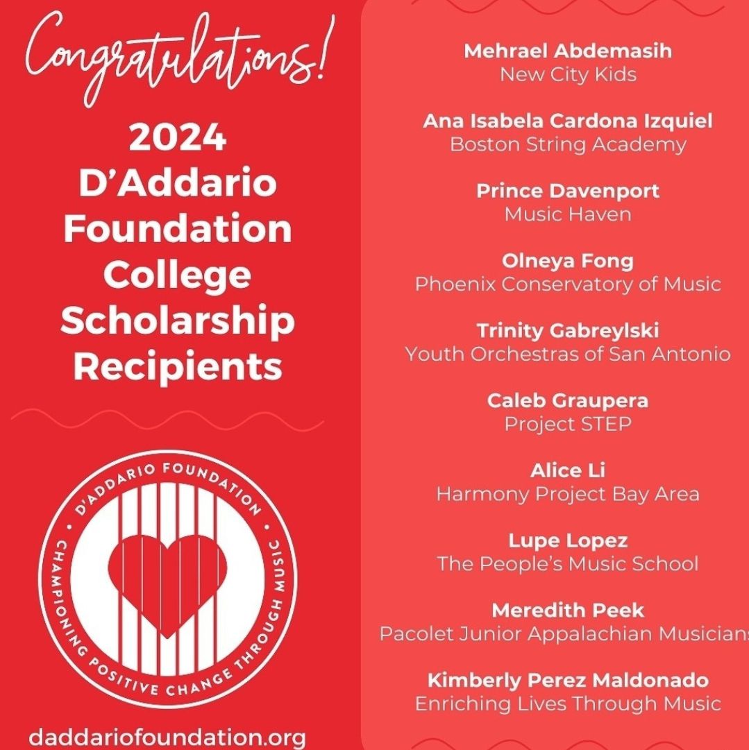 Congratulations to Project STEP student Caleb Graupera on being one of the D'Addario Foundation College Recipients. Thank you, D'Addario Foundation, for your continuous support of our students and music education.