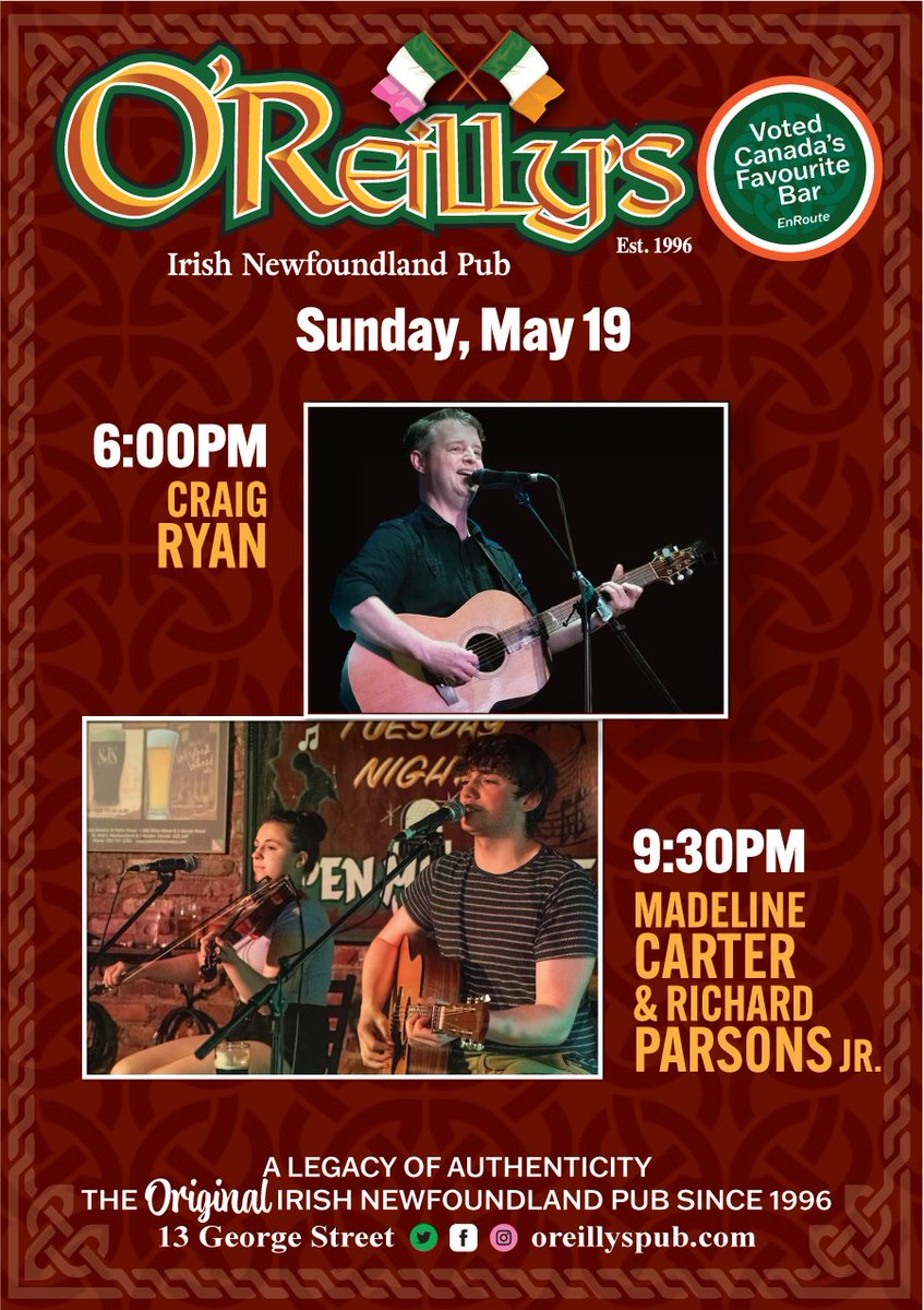 🍀Sunday at O'Reilly's Irish Newfoundland Pub🍀 Come early for a great meal and enjoy great live music! #Sunday #lineup #welcometotheexperience #theoriginalirishnewfoundlandpub #georgestreet #downtownstjohns
