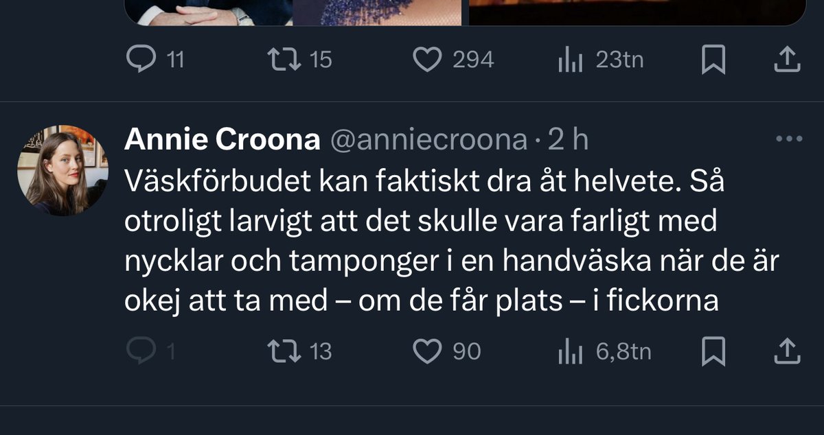 Jag förstår verkligen inte hur Annie Croona och förmodligen många andra kan vara såhär nonchalanta inför det allvarliga säkerhetsläget som råder just nu i Sverige? 

Anledningen till varför man har väskförbud är på grund av den säkerhetsåtgärd flera arrangörer tillsammans med