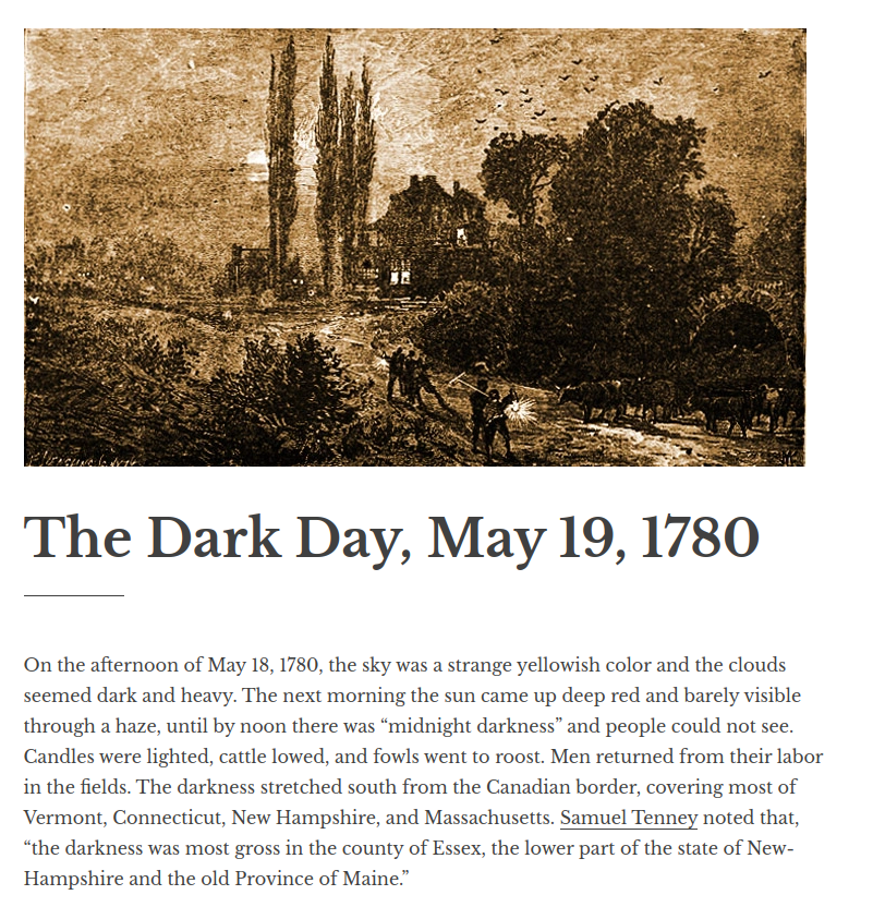 On May 19, 1780 smoke from forest fires made the day as black as night in New England and eastern Canada. If this happened now, #ClimateScam professionals would (of course) blame it on cow burps or your SUV. historicipswich.net/2023/05/06/dar…
