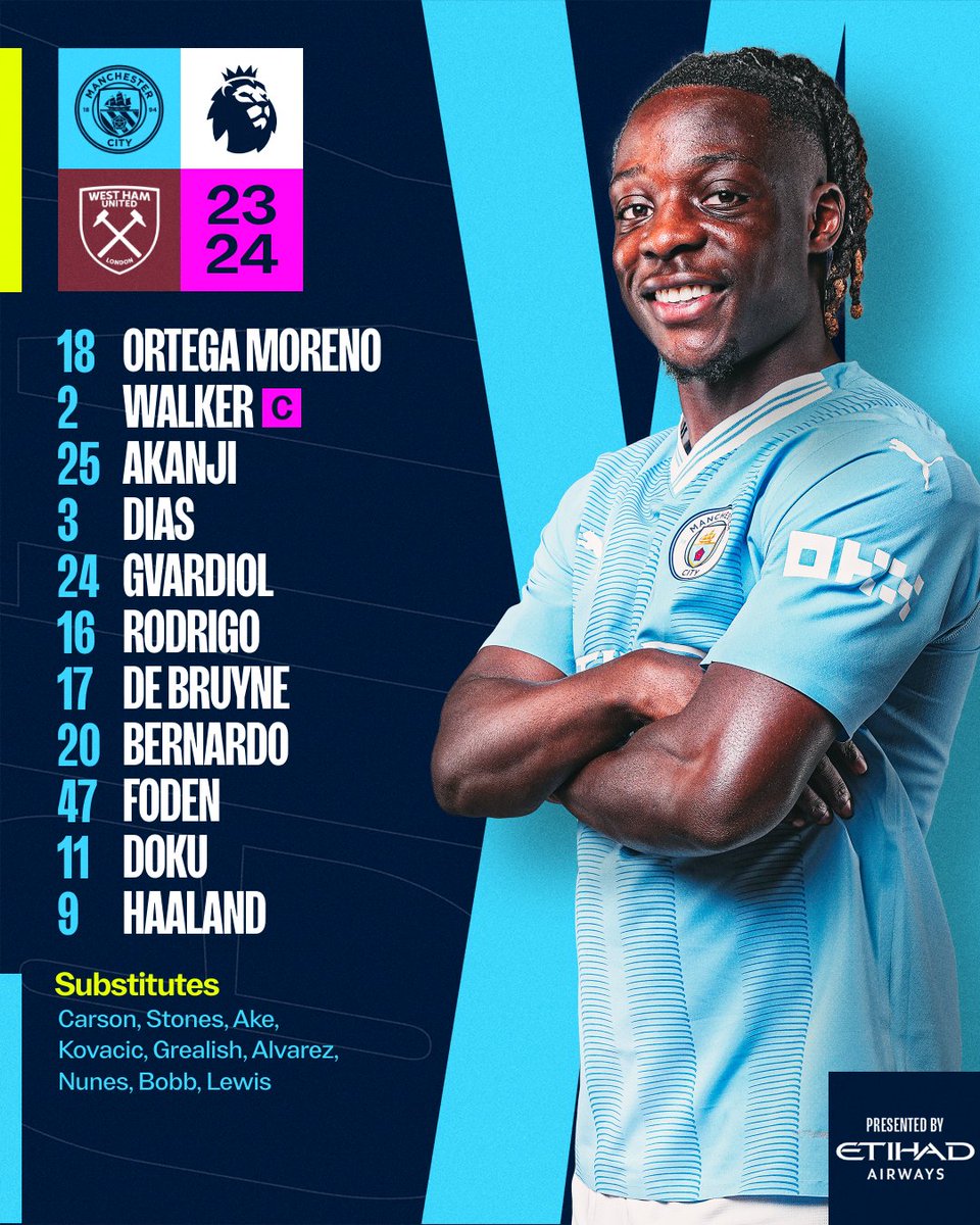 In the blue corner! 🩵 XI | Ortega Moreno, Walker (C), Akanji, Dias, Gvardiol, Rodrigo, De Bruyne, Bernardo, Foden, Doku, Haaland SUBS | Carson, Stones, Ake, Kovacic, Grealish, Alvarez, Nunes, Bobb, Lewis #ManCity | @etihad