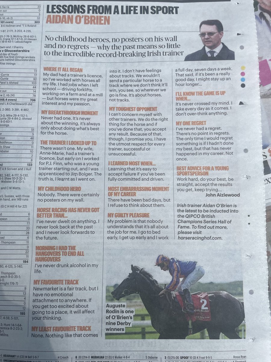 This is terrific insight into the mind of Aidan O’Brien in the Sunday Times. Almost every answer can be rewritten with ‘do your best, don’t complain and just get on with it’.