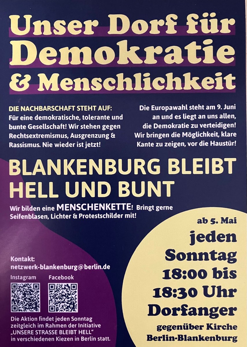 Seid dabei heute in #BLANKENBURG (#BERLIN) um 18:00 Uhr

Motto: Unser Dorf für Demokratie und Menschlichkeit! 

Menschenkette, jeden Sonntag

#WirSindDieBrandmauer #NieWiederIstJetzt #LautGegenRechts #SeiEinMensch #NoAfD