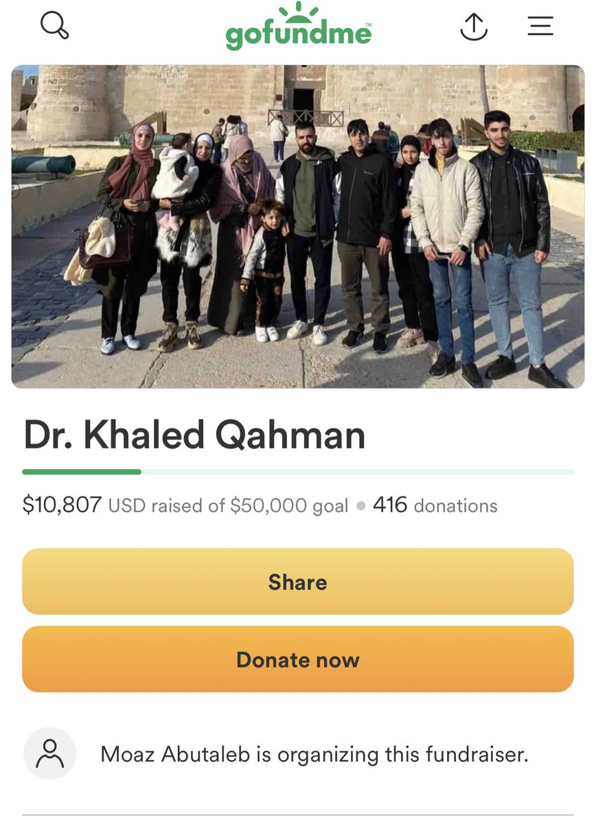 🇵🇸 Le Dr Khaled, ingénieur et père de 8 enfants, a perdu sa maison et sa vie à Gaza. Son fils Ahmed, diplômé en médecine, soigne des blessés. Leur cagnotte stagne depuis hier. SVP pour qu’ils évacuent en sécurité en Égypte, donnez/partagez, TOUT compte. 🙏🏼 gofund.me/e952cb00