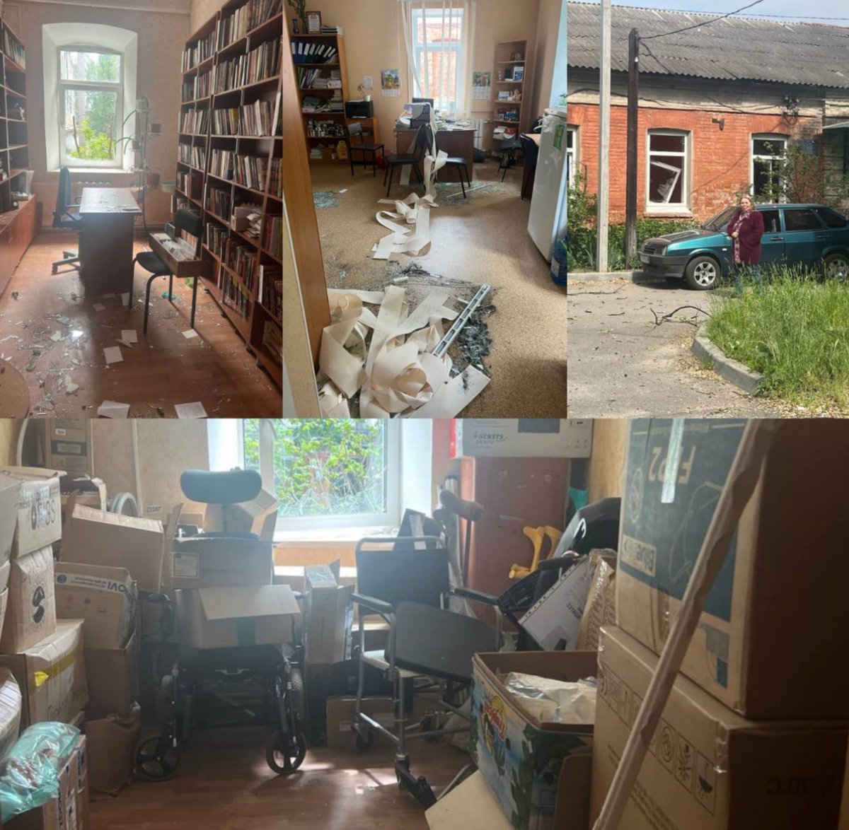 The photo shows the library in Malodanylivka community in Kharkiv region after the shelling. The facade of the building, furniture and books were damaged and windows were smashed. In total, 131 🇺🇦 libraries were destroyed, and 746 more suffered varying degrees of damage from the