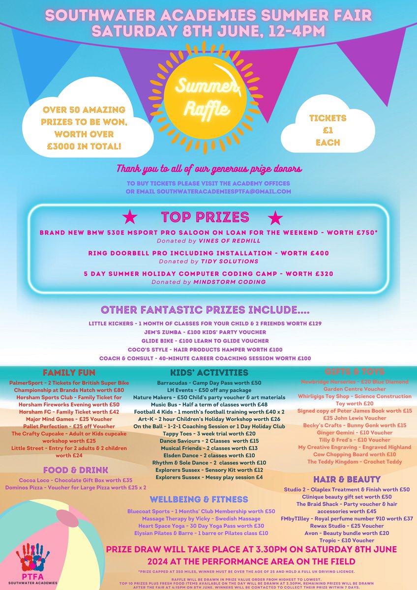 🍭🌸🍿Summer Fair Raffle Tickets are NOW ON SALE! 🍭🌸🍿Take a look at some of our fantastic prizes this year! 👀
Tickets went home with children from both academies on Friday afternoon - please look out for the white envelopes in bookbags.