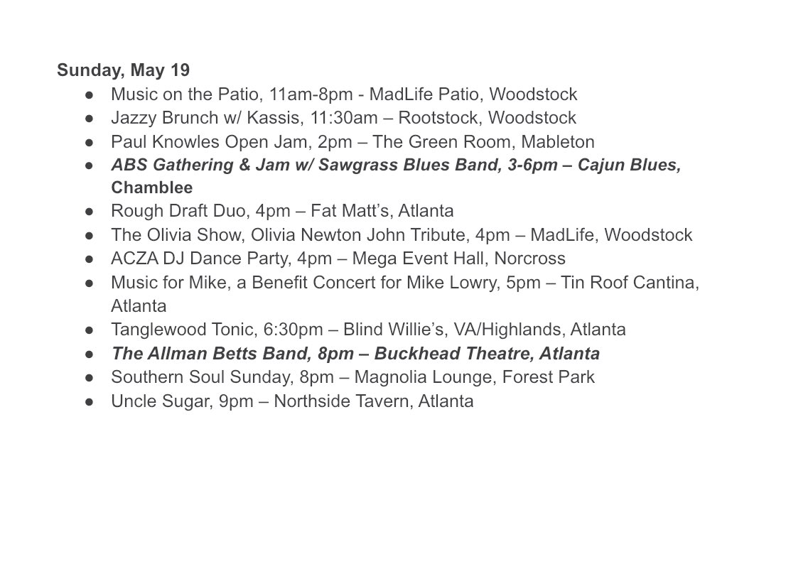 Happy Sunday Fun Day ABS - it’s a great day to enjoy some live music!  Check out all the live music happening around the city today! 🎶🎵💙💙🎵🎶 #atlantabluessociety #supportlivebluesvenues #supportliveblues #supportlivemusicvenues #supportlivemusic
