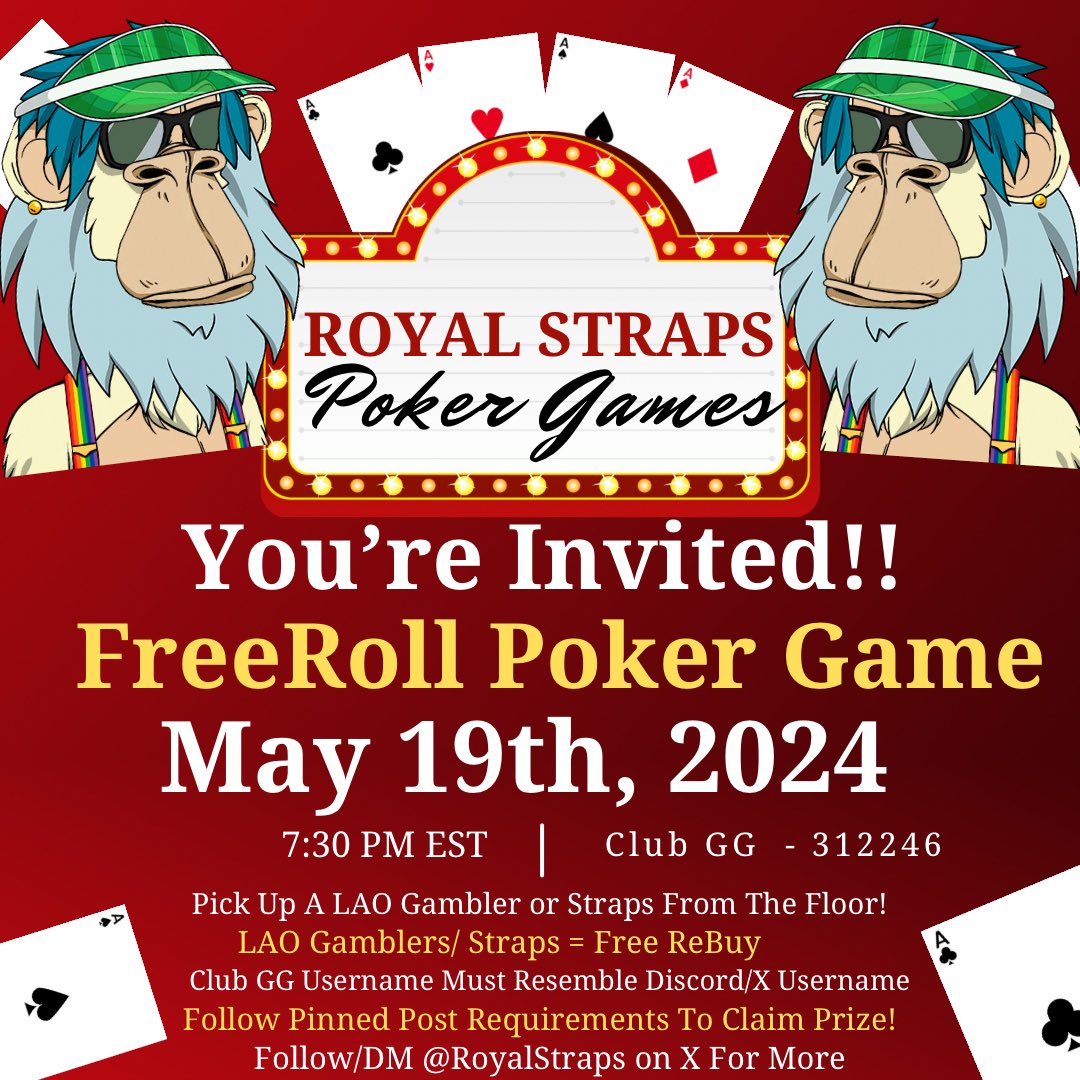 Back to our weekly Poker w/ Royal Straps Poker Games… Everyone Is Invites to our Freeroll Event tonight at 7:30 PM EST!

Prize Claim:
- Like/Repost/Tag some friends
- Follow: @RoyalStraps @LazyApeSC @iAmJmoreen

♠️♥️♣️♦️ 
#WatchYaNeck #RoyalStraps #PokerVibes #OnlinePoker