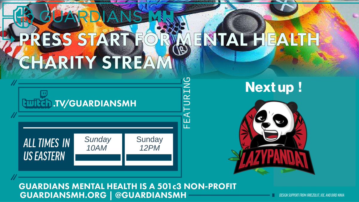 📣Ready to support a good cause and have a ton of fun!

Day 2 of our #PressStartforMentalHealth is now live with @ItsLazypanda7 !!

Twitch.tv/guardiansmh

#mentalheatlh #mentalhealthawarenessmonth