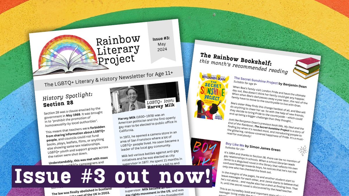 Spring has sprung, the sun is out, and the May issue of the Rainbow Literary Project newsletter is here! Download it for free now, and as always, feel free to print or share it with whoever you like! 🌈☀️ rainbowliteraryproject.com/issue-3-may-20…