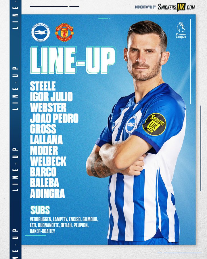 Albion's team graphic featuring an image of Pascal:Steele, Igor Julio, Webster, Joao Pedro, Gross, Lallana, Moder, Welbeck, Barco, Baleba, Adingra. Subs: Verbruggen, Lamptey, Enciso, Gilmour, Fati, Buonanotte, Offiah, Peupion, Baker-Boaitey. Come on Albion!