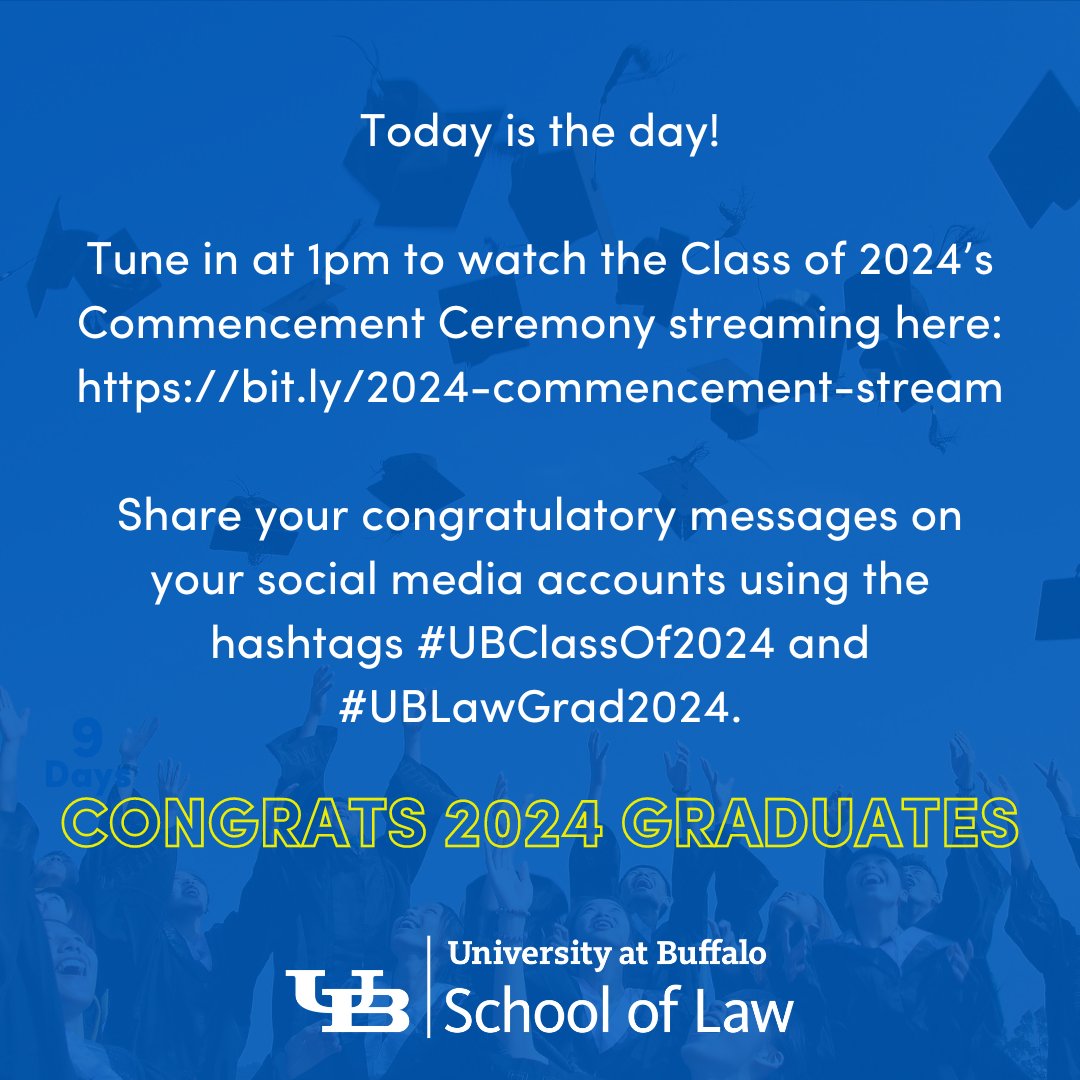 Today is the day! Tune in at 1pm to watch the #UBLawGrad2024 Commencement Ceremony streaming here: bit.ly/2024-commencem… #UBClassOf2024