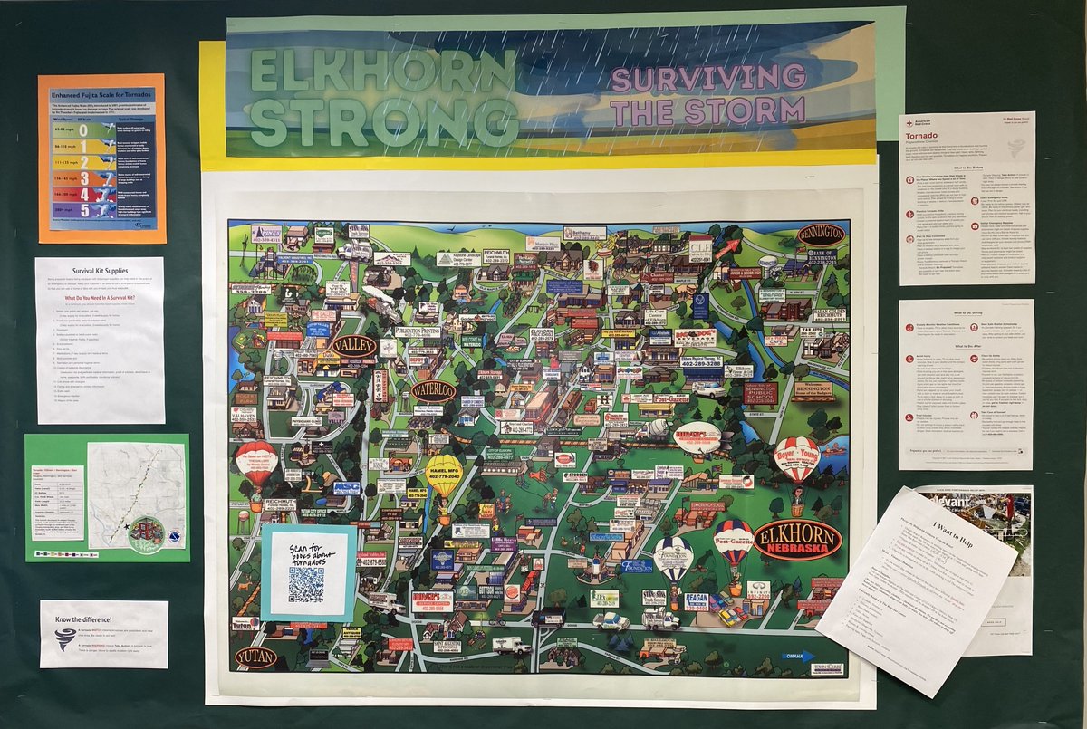 🌪️ Tornado season is upon us, Nebraska! 🌪️ Stay prepared and safe with the new tornado board at Elkhorn Branch. Get important info on survival kit supplies, storm protocols, and a detailed map of the area. Let's weather the storm together! #OmahaLibrary #Tornado #StormSafety