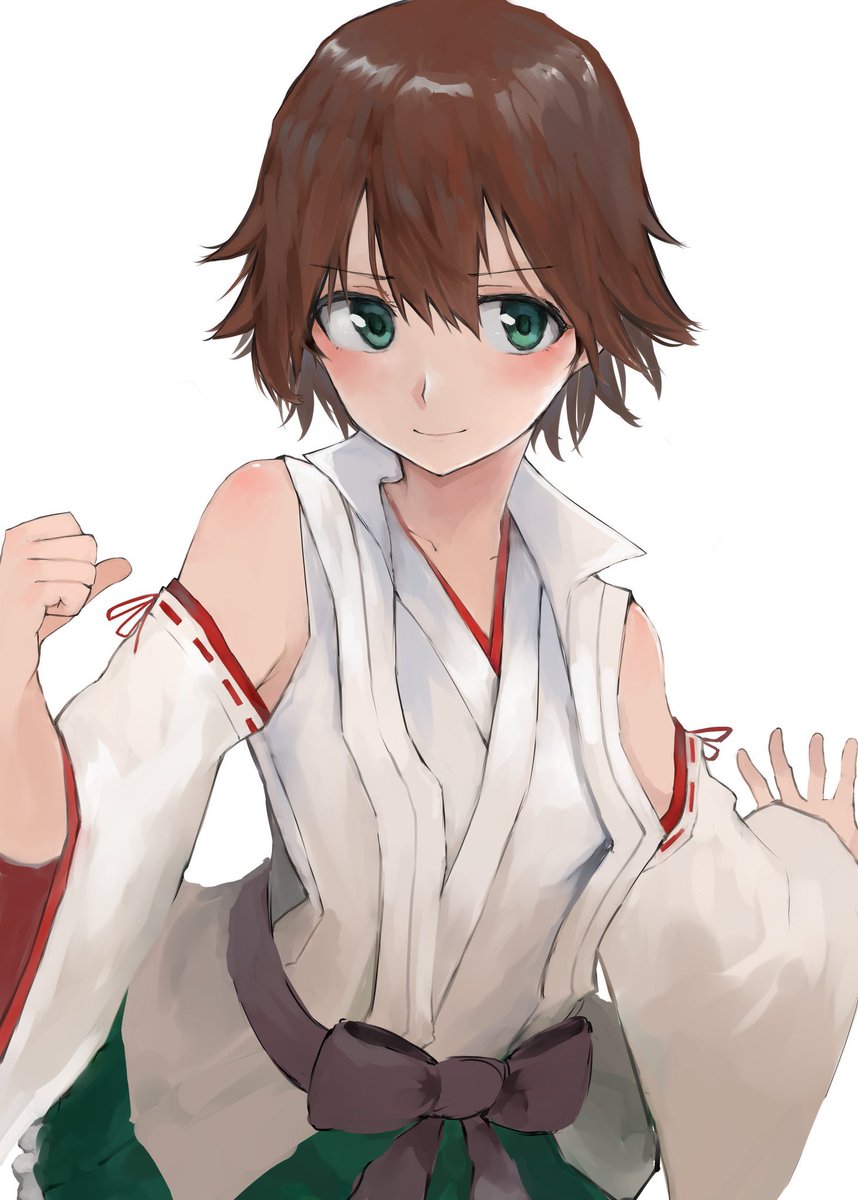 hiei (kancolle) 1girl solo smile short hair simple background skirt brown hair  illustration images