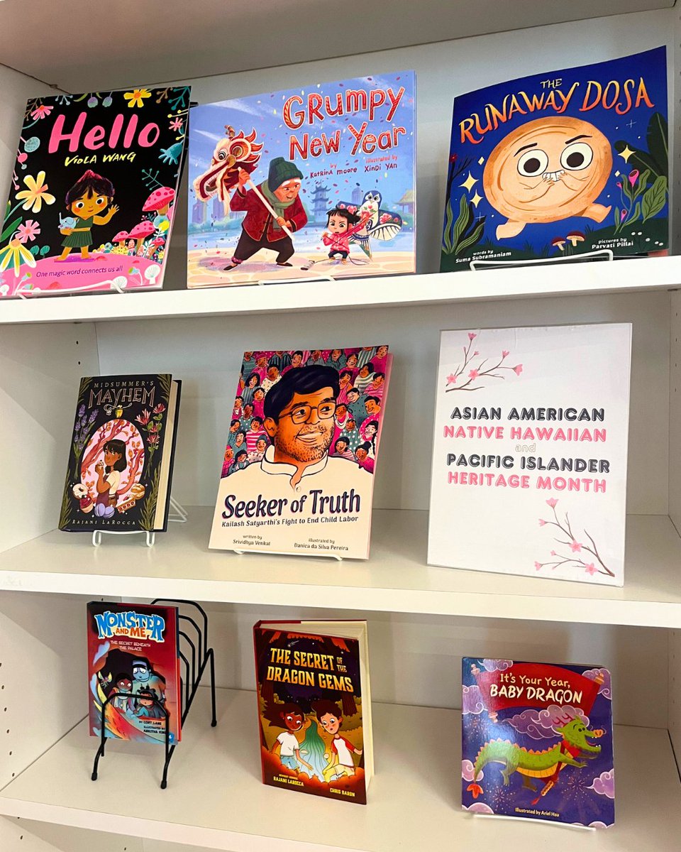At #LittleBeeBooks we not only celebrate #AANHPIMonth through our books and online, but in our offices too! From #Hello by @ViolaWangStudio to #MidsummersMayhem by @rajanilarocca, these #StaffPick titles celebrate #AANHPI stories and voices year-round. 💜 #BeeAReader🐝