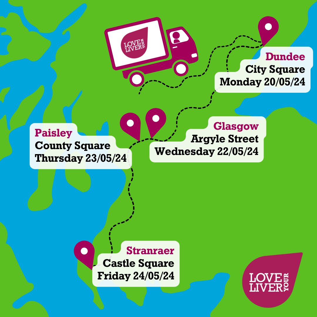Our #LoveYourLiver roadshow is heading to #Scotland to offer free #LiverHealth checks to members of the public.

Please note, we cannot offer a scan to people already diagnosed with a liver condition or patients who have received a liver transplant. All events run from 10am-4pm.