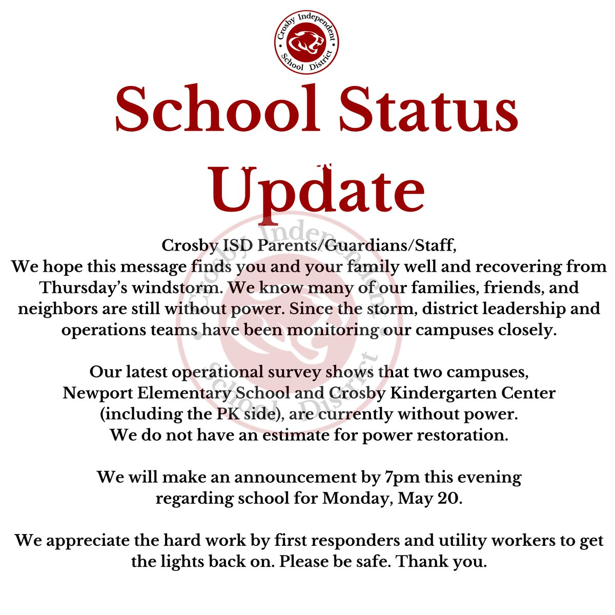 SCHOOL STATUS UPDATE (9AM 05/19)