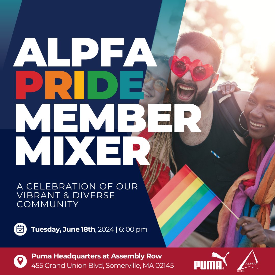 Join us for the ALPFA Pride Member Mixer! 🌈✨ 
Celebrate diversity and connect with our vibrant community on June 18th, 6 PM at Puma Headquarters, Assembly Row. 

🎟️ Secure your spot now: ow.ly/WGck50RLycW

#ALPFAPrideMixer #CelebrateDiversity #ALPFAboston