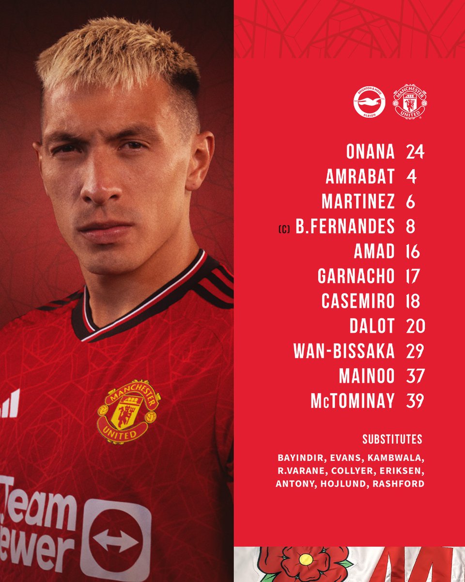 🚨 OFFICIAL! Manchester United's starting XI to face Brighton this afternoon. #mufc #mujournal