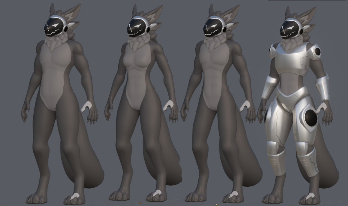 DrakiousDerg's tweet image. upcoming proot vrc avatar highlights: 

- 8 visor shapes 
- one mouth opening visor (with the previous 8 shapes)
- All armor is toggleable
- Feminine, Chonky, and Thinner bodyshapes
- OG protogen claw hands are toggleable
-  4 ears by default, can become just 2